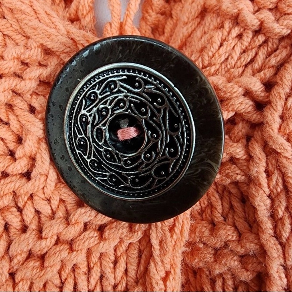 SOFT SURROUNDINGS Salmon/Coral Knit Cardigan Sweater with open weave pattern.